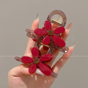 红色花朵抓夹女后脑勺盘发发抓发量少发夹高级感鲨鱼夹子发卡头饰