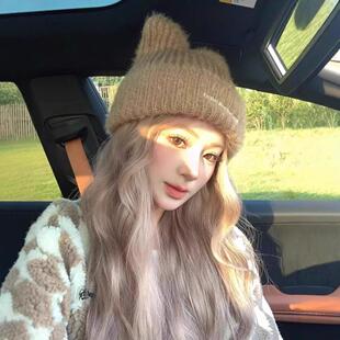 秋女帽假发可爱的猫耳朵毛绒针冬织ARU羊毛帽人造子头发白金色长
