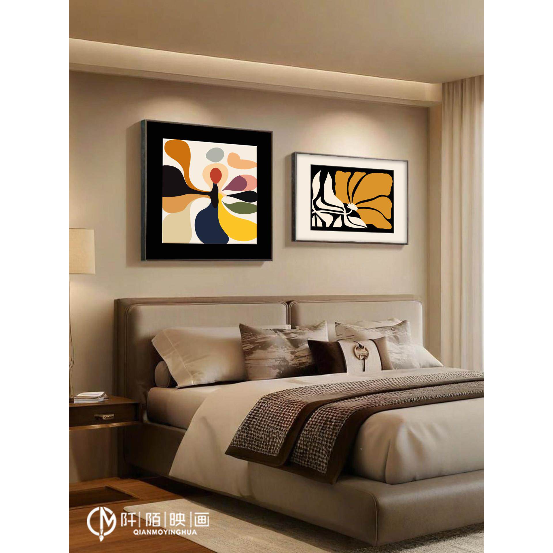 法式QMYH-202覆卧室床装饰画抽象几头何餐厅壁古画中古风主卧级感