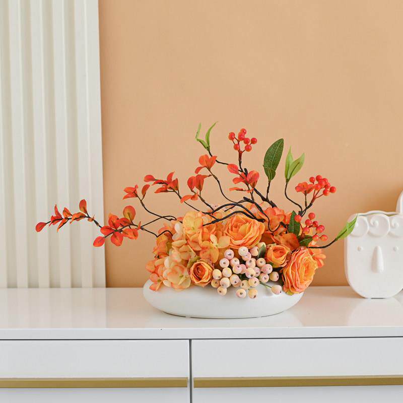 新中式禅意彷真花件设高餐桌茶几摆花艺摆装档饰小黑盆2酒店室内