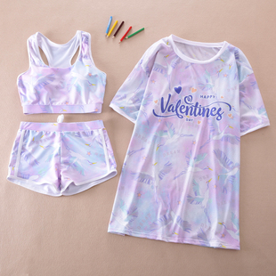 女大童游泳衣分体中学生女孩泳衣三件套保守显瘦少女泳装 15岁