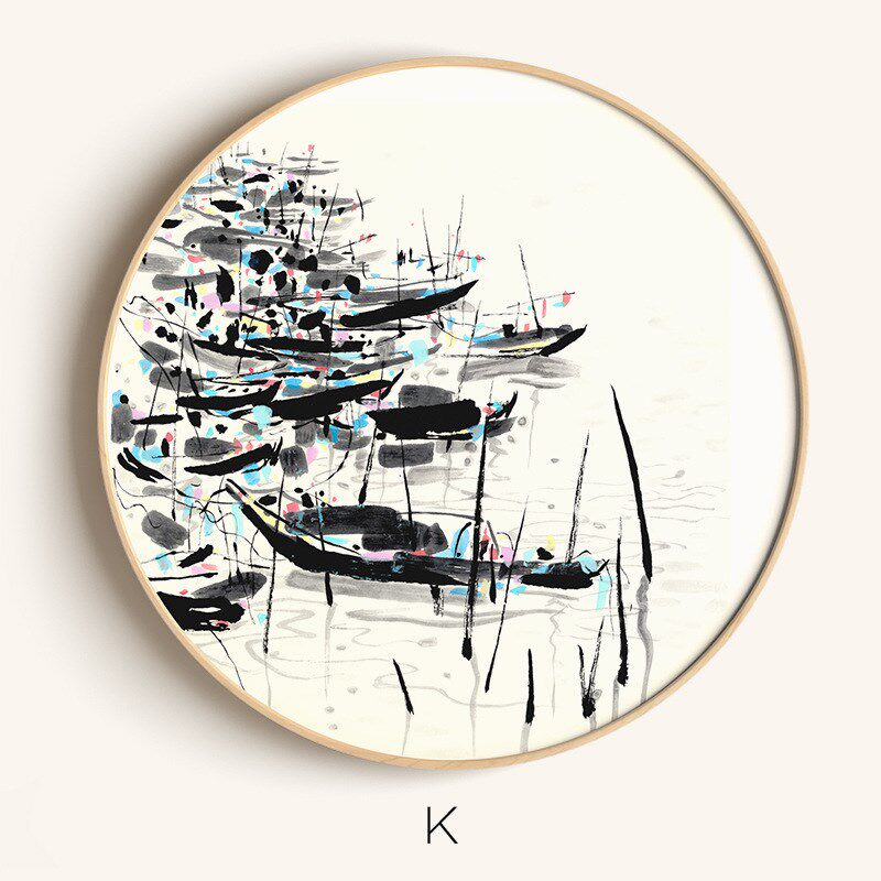 吴冠中新中式客厅装饰画圆形水墨画书房卧室风景挂画民宿茶室壁画