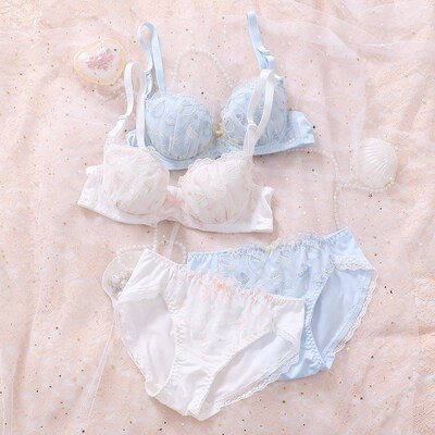 日系可爱刺绣文胸套装女薄款钢圈少女内衣裤聚拢内衣一套棉