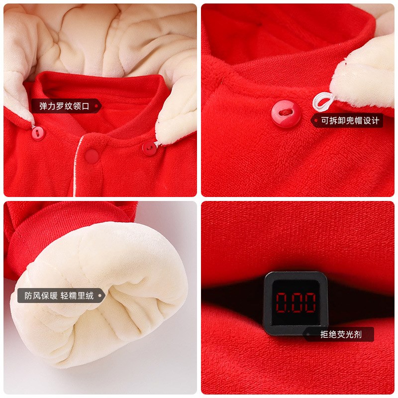 婴儿冬装拜年服新生儿新年装连体衣加厚过年宝宝装大红色秋冬套装
