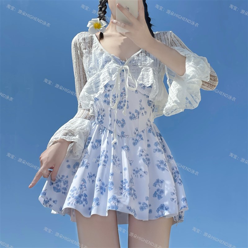 游朵甜美少女裙式连体泳衣两件套仙女范法式碎花显瘦蕾丝罩衫泳装