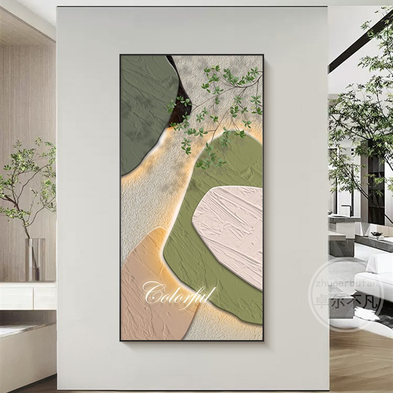 43N玄关装饰画现代简约绿植走廊过道壁画抽象色块入户正对门楼梯图片