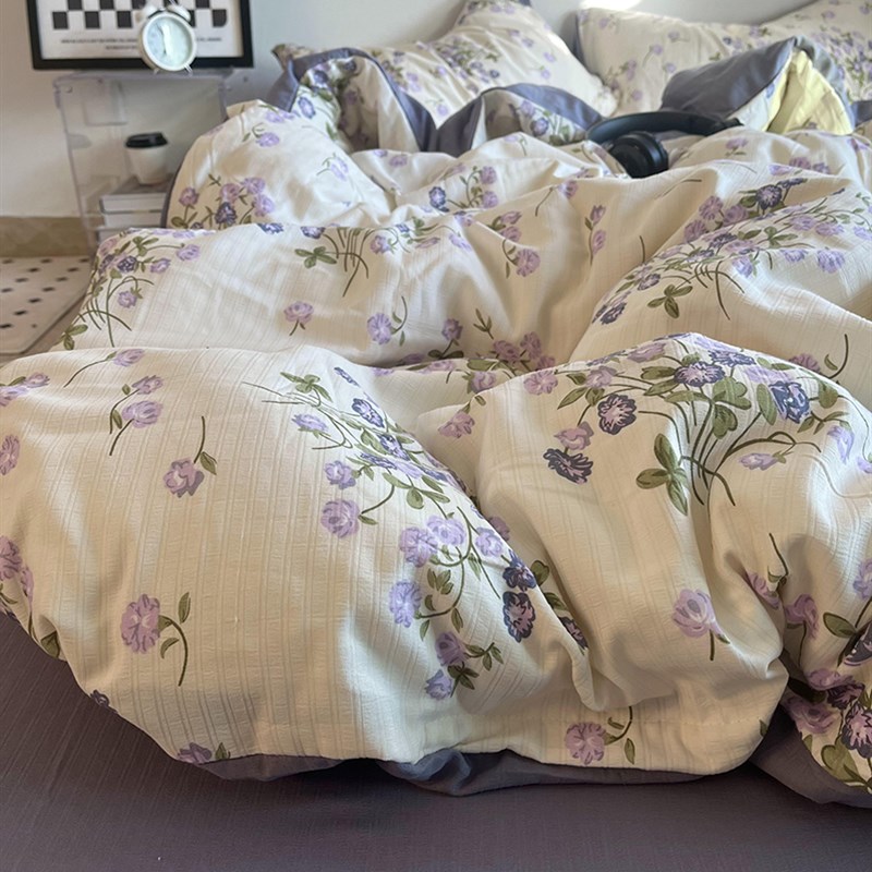田园风紫色少女心小碎花柔软水洗棉床上四件套全棉被套床单三件套