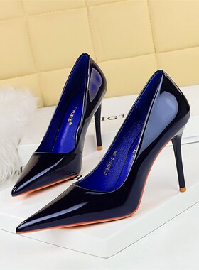 2024新款宝蓝色高跟鞋白色漆皮不磨脚软皮空乘浅口尖头单鞋女细跟