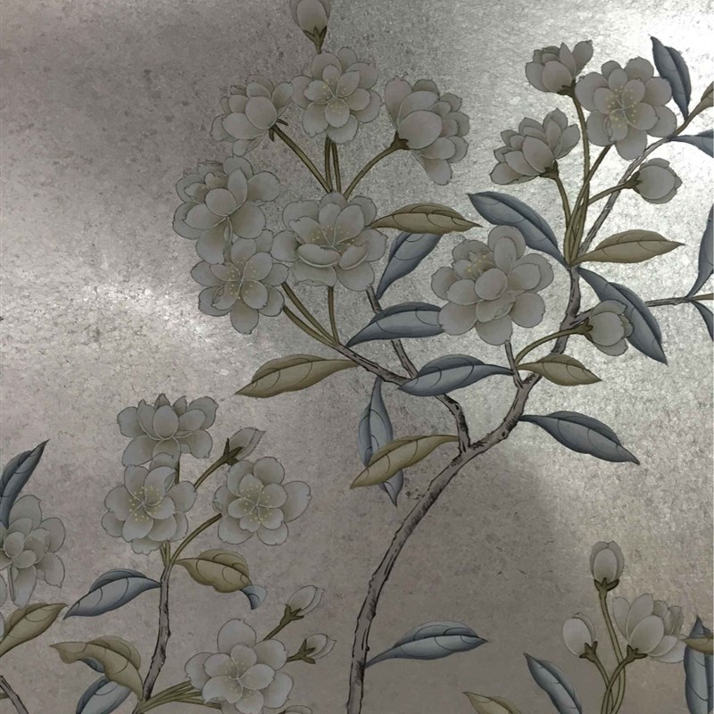金箔新款作旧手绘墙纸背景墙香槟箔手工花鸟电视背景墙纸