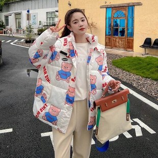 羽绒棉服加厚女ins冬装新款反季小个子宽松学生燕尾短款印花棉袄