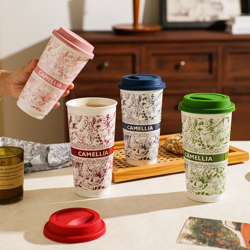 舍里国潮陶瓷随手杯手握奶茶杯办公室用大容量水杯便携咖啡杯带盖