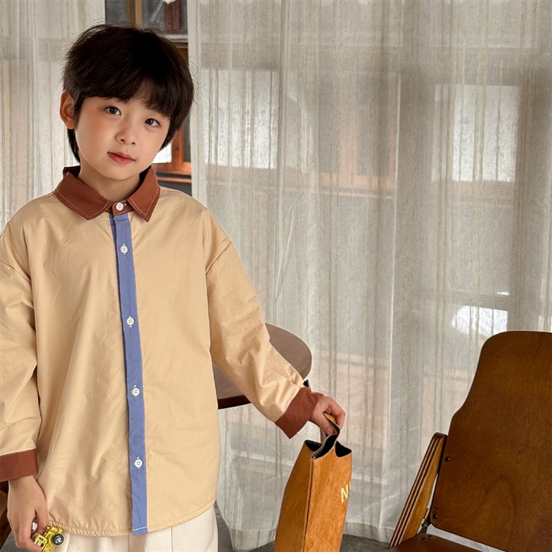 虾酱麻麻男童加绒衬衫长袖冬季2024新款男孩撞色加厚儿童保暖衬衣