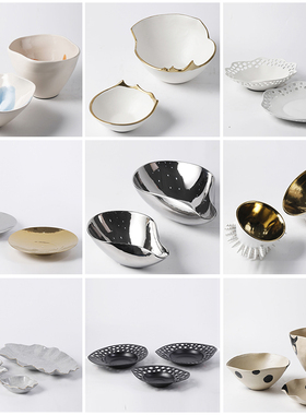 简约现代几何陶瓷果盘摆件样板间客厅餐桌茶几前台酒店洽谈桌装饰