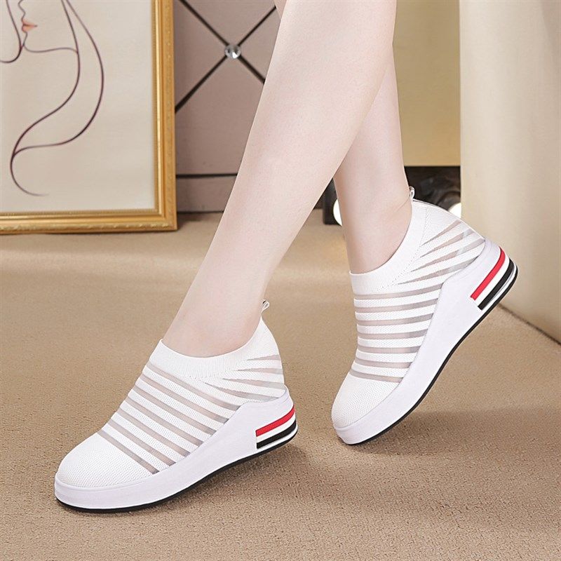 网鞋女透气网面一脚蹬软底镂空内增高小白鞋8cm女鞋坡跟夏天白鞋