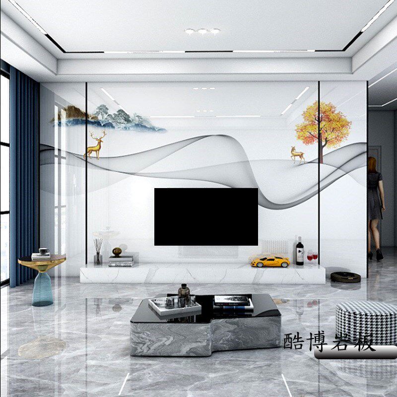 瓷砖电视背景墙效果图高温微晶石岩板现代简约客厅石材大板沙发墙