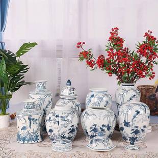 青花陶瓷花瓶将军罐储物罐鲜花干花瓶客厅装 饰手绘仙鹤陶瓷花瓶