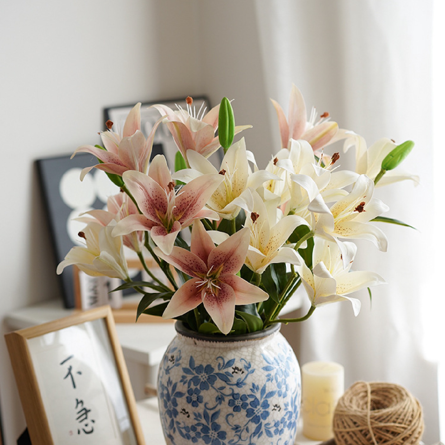 保湿手感百合花客厅餐桌电视柜装饰假花花轻奢花瓶摆驰兆