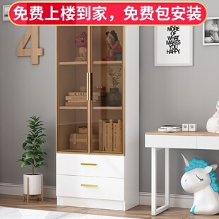 L7简易书架落地客厅带玻璃门书柜组合储物柜置物架实木收纳儿童学
