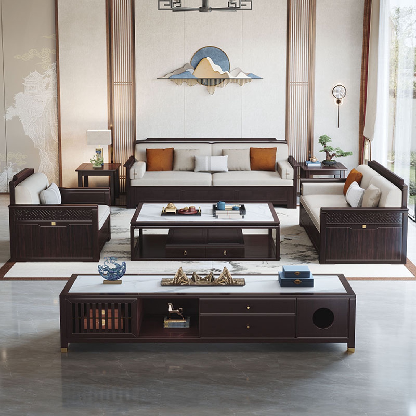 新中式实木沙发家用别墅客厅转角大户型三人位木质茶几电视柜组合