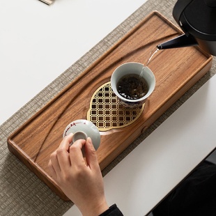 壶承茶盘家用实木小型干泡台现代简约新中式 胡桃木排水式 茶托盘