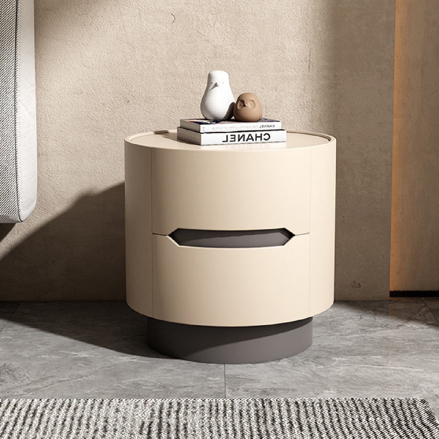 床头柜简约现代奶油实木圆形床边柜卧室网红储物柜高端收纳柜