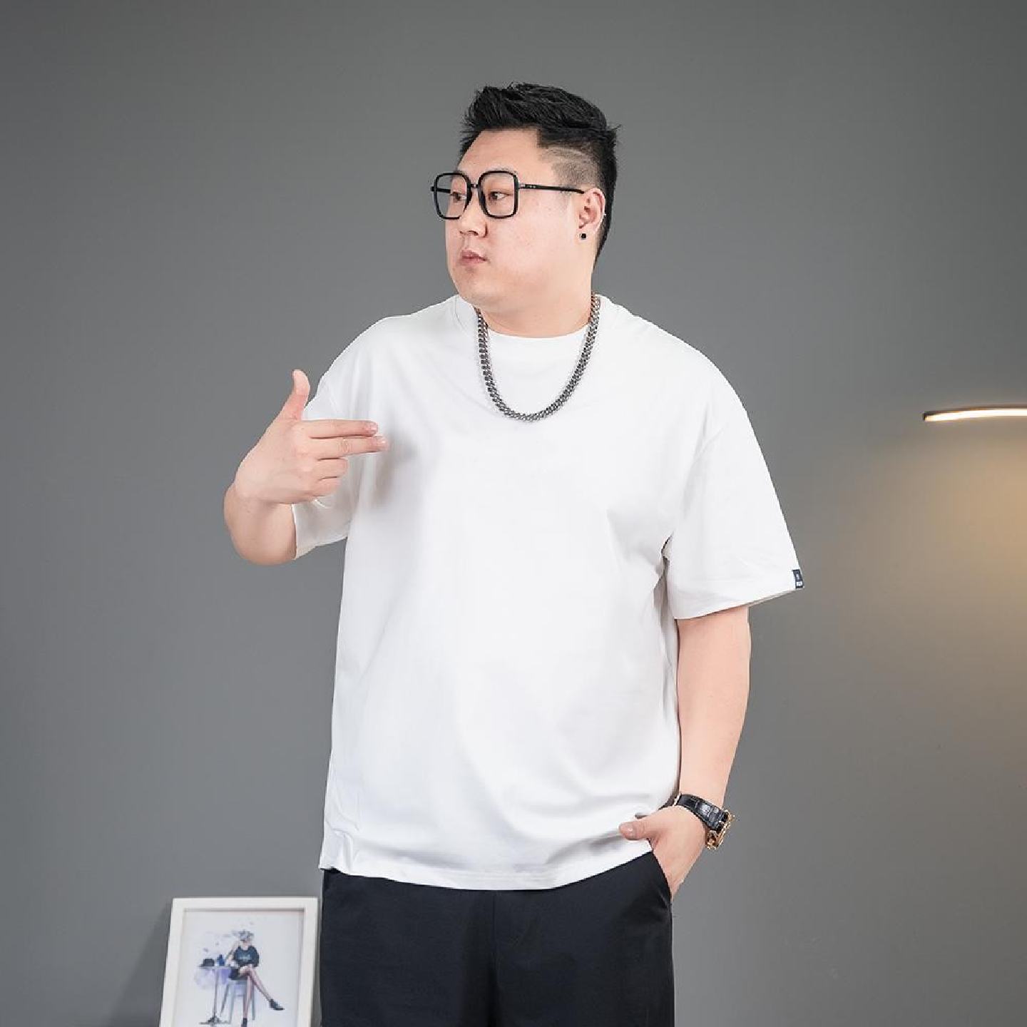 重磅短袖T恤男夏季加肥加大码潮胖子纯色上衣圆领宽松半袖打底衫