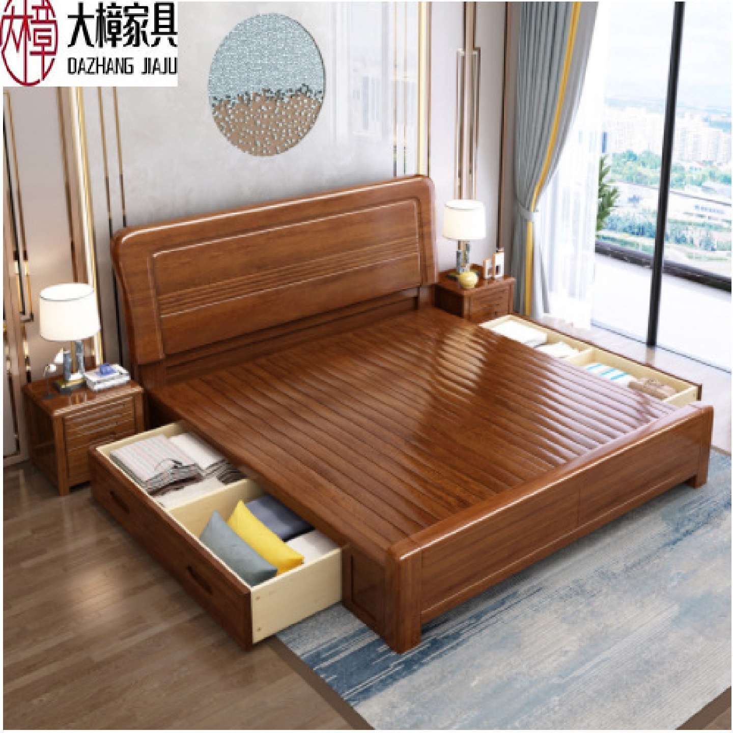 中式胡桃木实木床1.8m双人床现代简约主卧婚床1.5m高箱收纳储物床