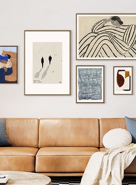 闲逸午后北欧风客厅沙发背景墙多联画抽象人物装饰画几何玄关画