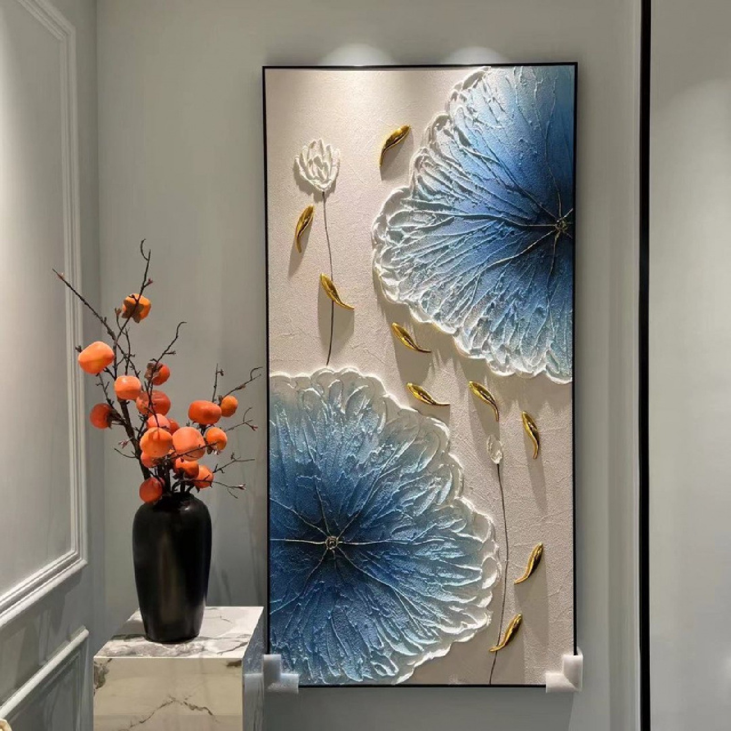 顺丰新中式荷花鱼砂岩纯手工手绘工艺油画装饰画复古玄关过道挂画图片