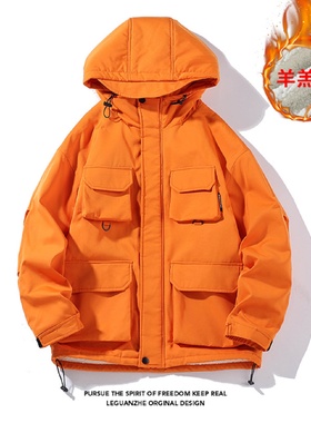 2022冬季新款港风白底大码多口袋羊羔毛棉衣M-5XHM22545-P110