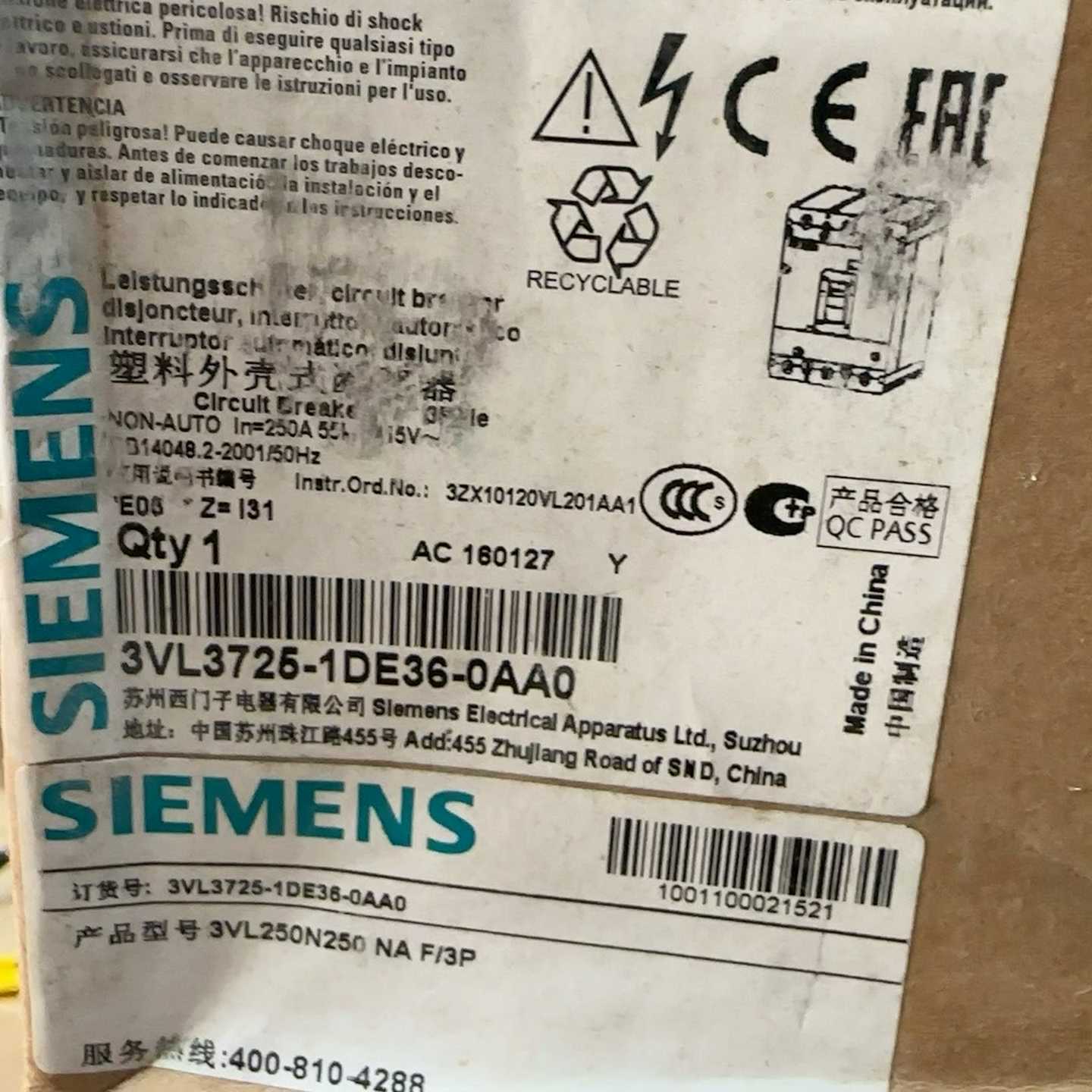 塑壳断路器3VL3725-1DE36-0AA03V询价