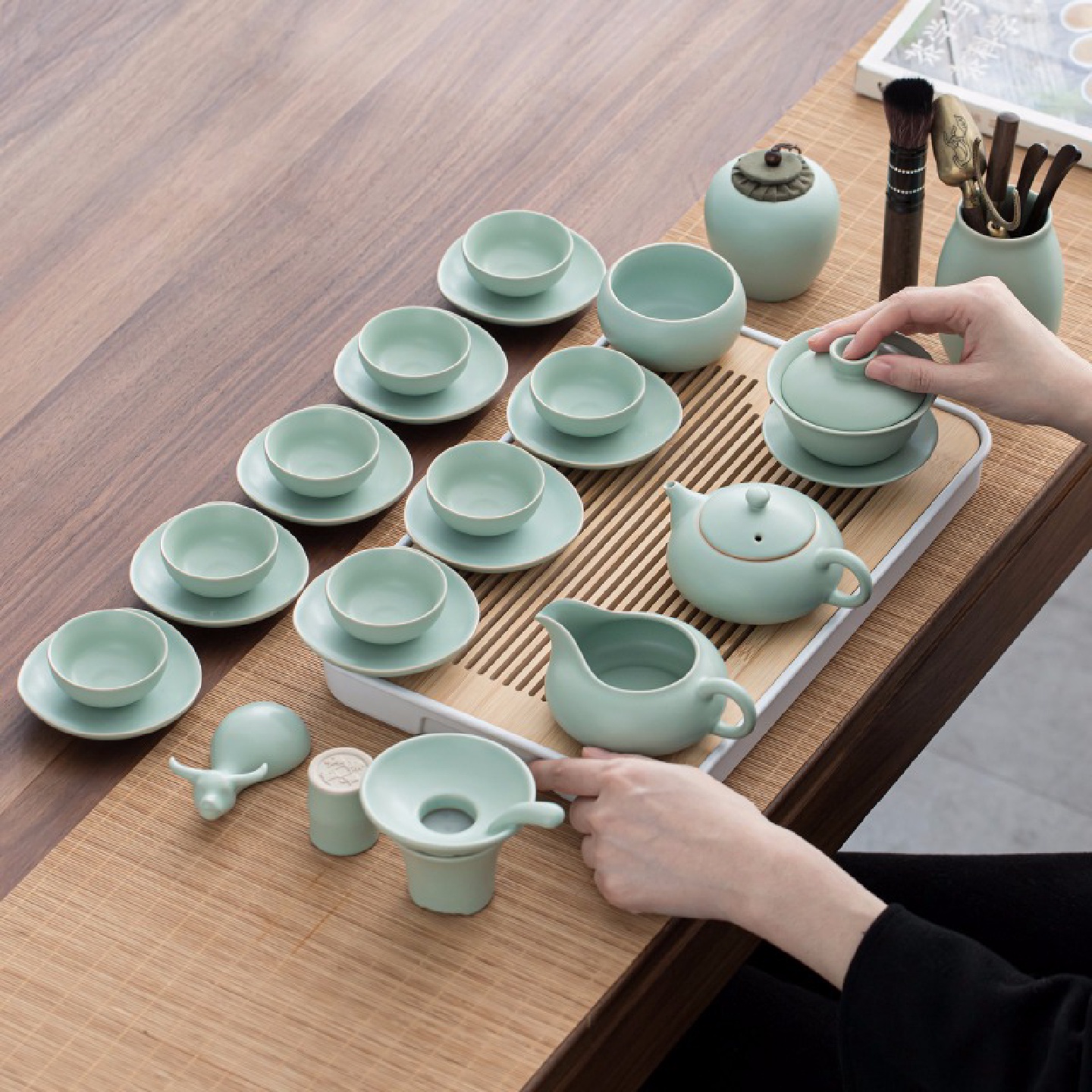 汝窑茶具套装家用冰裂简约客厅中式功夫侧把茶壶盖碗茶杯喝茶泡茶