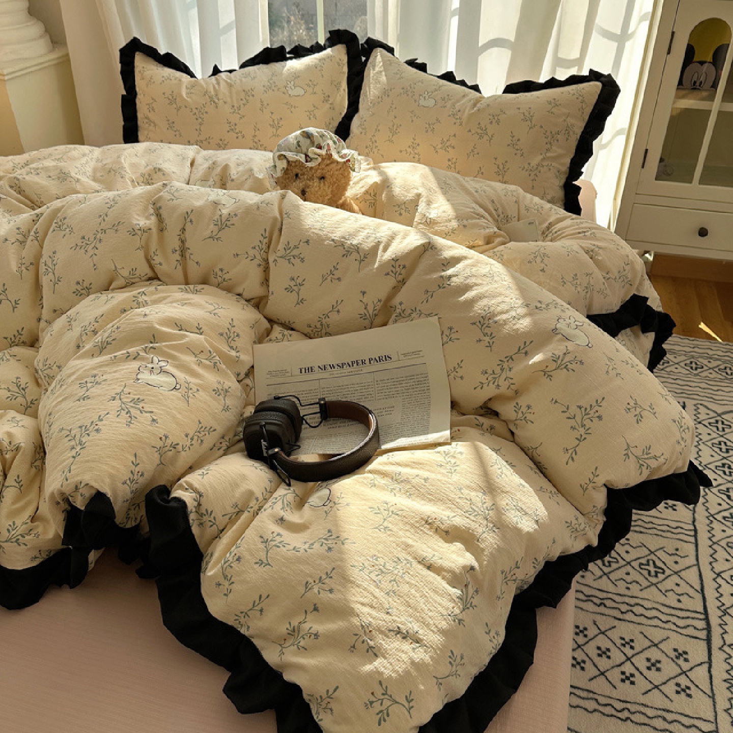 2025新款黑花边双层纱水洗针织棉韩版公主风四件套被套法式床单款