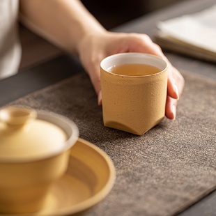 茶杯复古粗陶单杯手工家用高档茶具 陶瓷粉引主人杯方底品茗杯中式