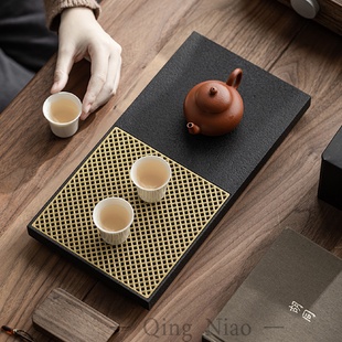 玄青乌金石小茶盘精致小型茶托排水茶台轻奢家用手工干泡台 新中式
