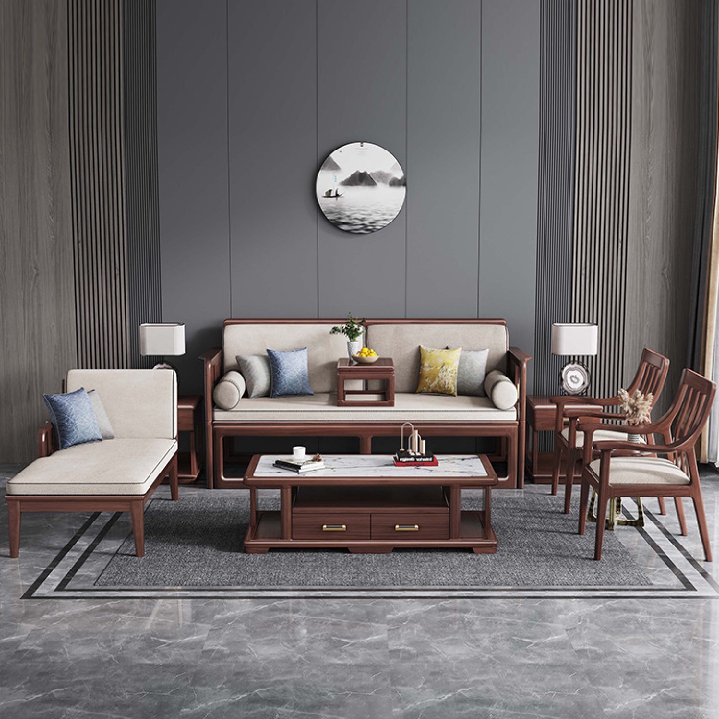 罗汉床新中式胡桃木实木推拉式客厅茶桌椅组合小户型伸缩折叠沙发