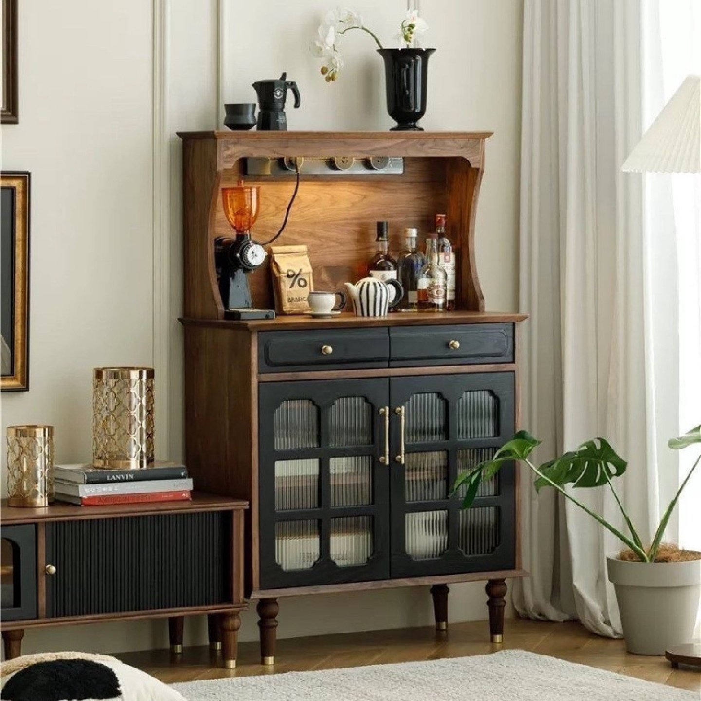 北欧中古餐边复古简约收纳实木法式靠墙一体家用厨房茶水客厅酒柜,居家布艺,入户地垫,淘宝优惠券,粉丝福利购,淘宝优惠卷