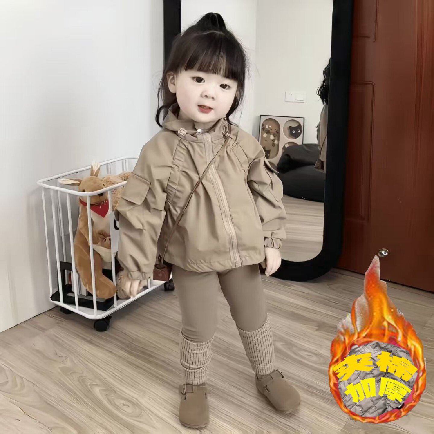 女童夹棉风衣套装秋冬款儿童加厚外套宝宝堆堆袜加绒打底裤两件套