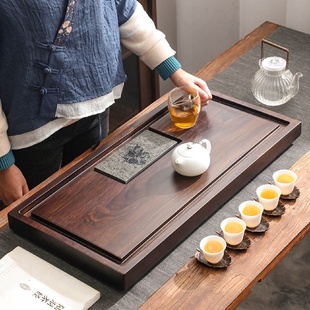 原木天然整块大小号黑檀木实木茶海家用乌金石头茶盘简约排水中式