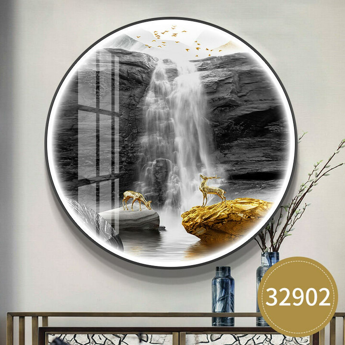 圆形灯光画高山流水带灯玄关装饰画圆形山水画声控发光走廊壁画酒