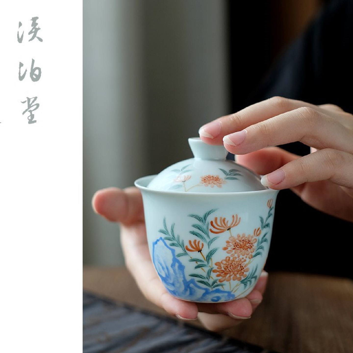 景德镇仿古胎纯手绘山石桃花盖碗景德镇陶瓷功夫茶具茶碗120ml