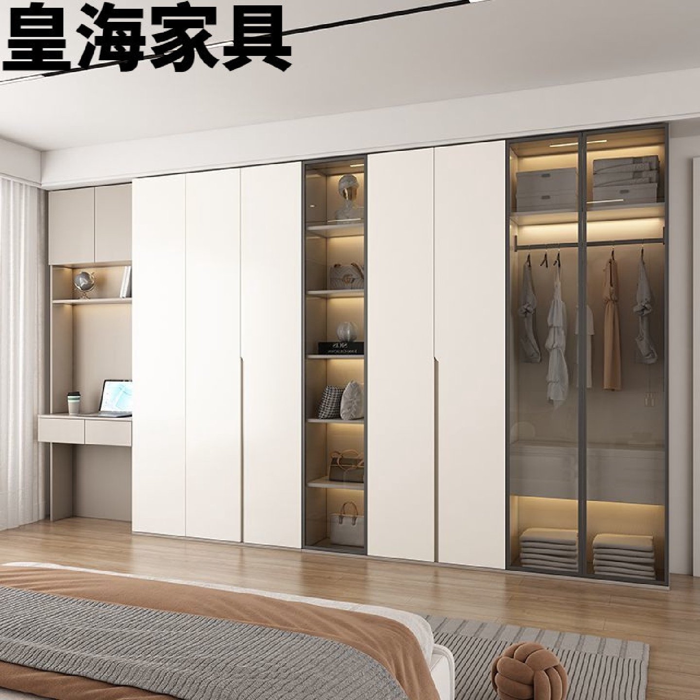 ShJHH现代简约衣柜家用卧室大衣橱实木轻奢储物柜组合对开门书桌