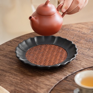 电木嵌竹编壶承干泡台家用盖碗茶壶养壶托盘茶杯隔热垫零配件
