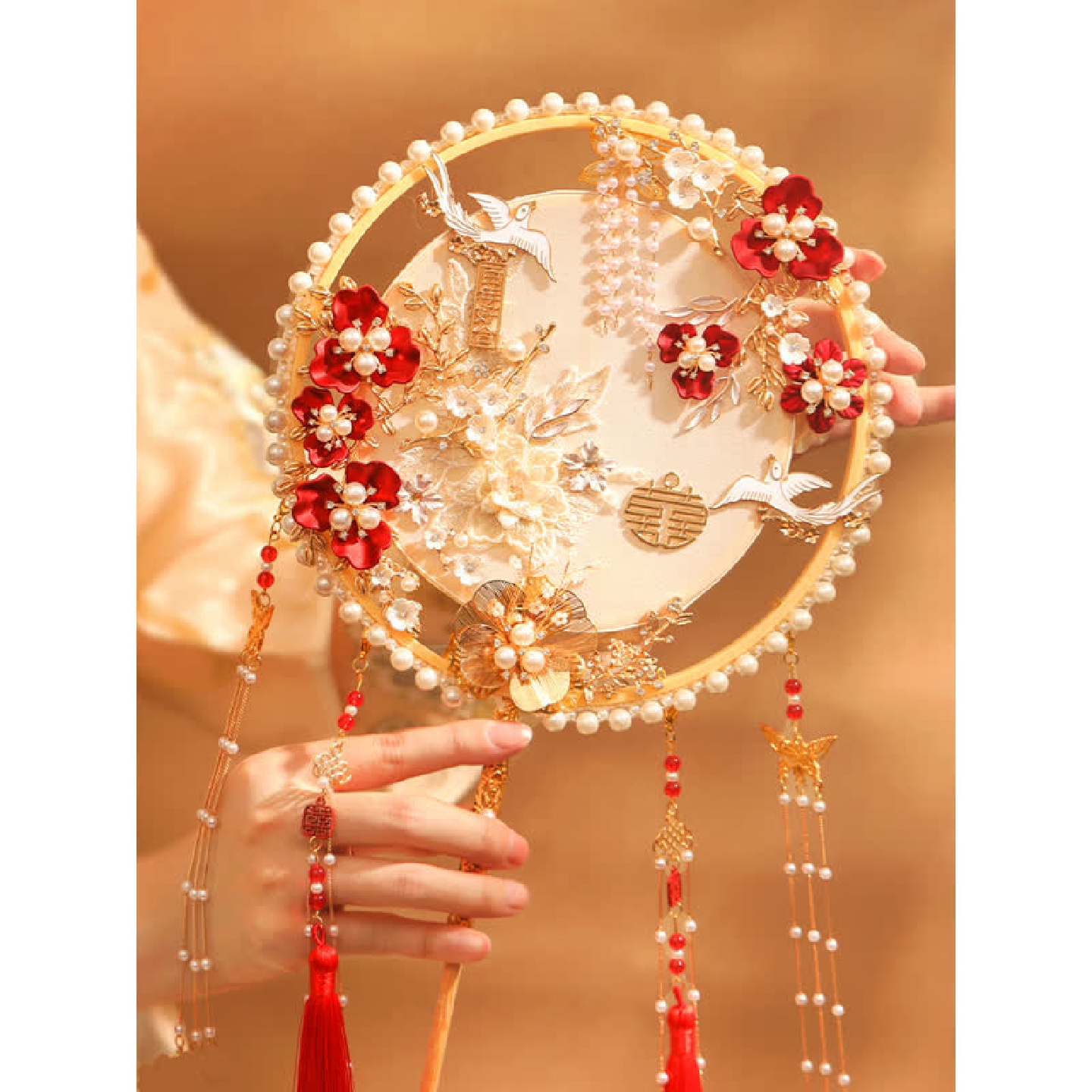 香槟色结婚新娘diy材料包手工喜扇团扇秀禾服婚礼中式出嫁遮面扇