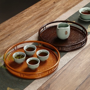 竹制托盘干泡台端奉茶盘复古茶具收纳盘 竹编茶盘家用圆形茶台日式