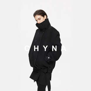 李大琪【旅行者】黑色双排扣有腰带山羊绒绵羊毛呢外套中长款大衣