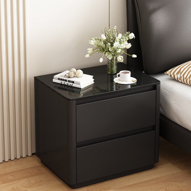 黑色床头柜简约现代烤漆奶油风防爆钢化玻璃桌面床边柜轻奢免安装