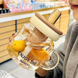 特别好看的玻璃水杯女款食品级带盖子高硼硅玻璃耐高温带吸管大容