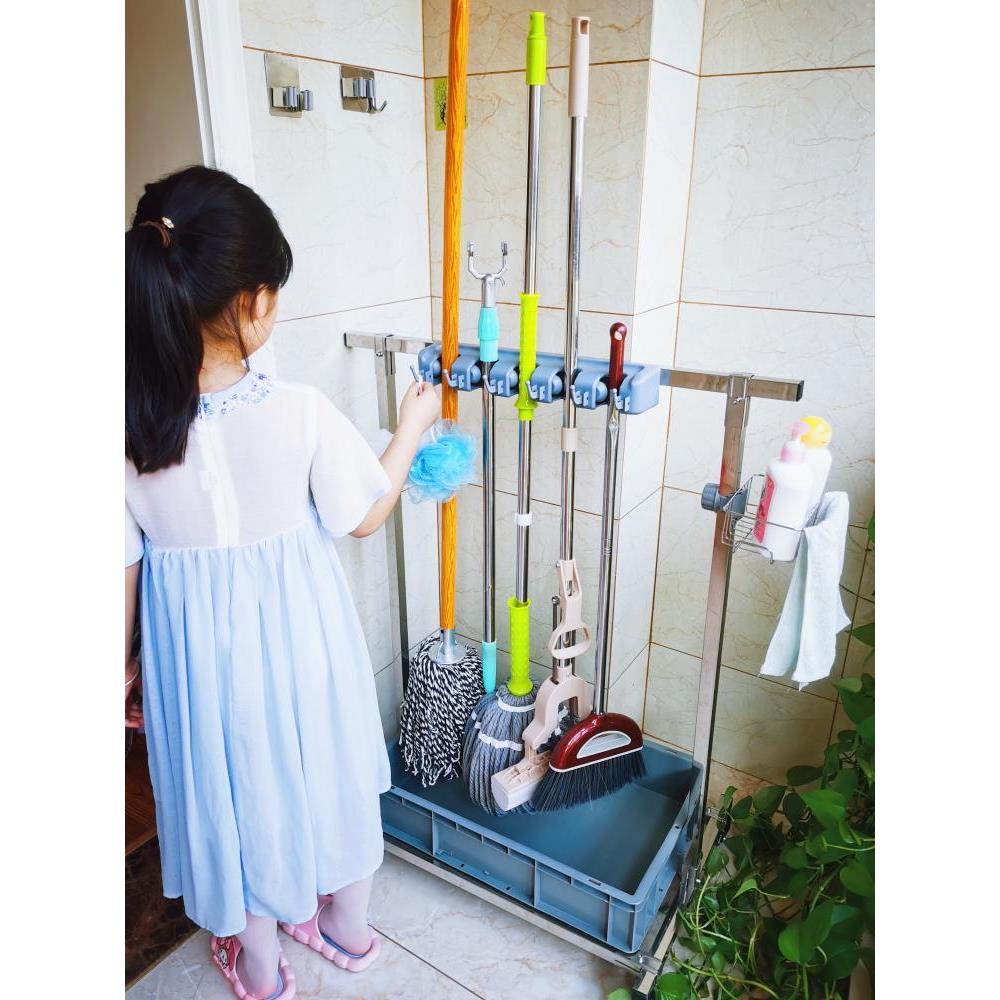 方管落地式拖把架不锈钢清洁工具卡夹可移动置物架双排扫把收纳架