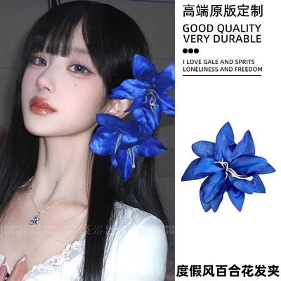 欧若风蓝色花发夹复古新中式好看的绝美漂亮侧边发卡海边拍照头饰